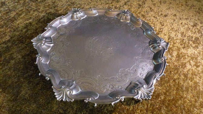 The Mills Salver at Baddesley Clinton, Warwickshire, bearing the coats of arms of the Ferrers and Kempson families